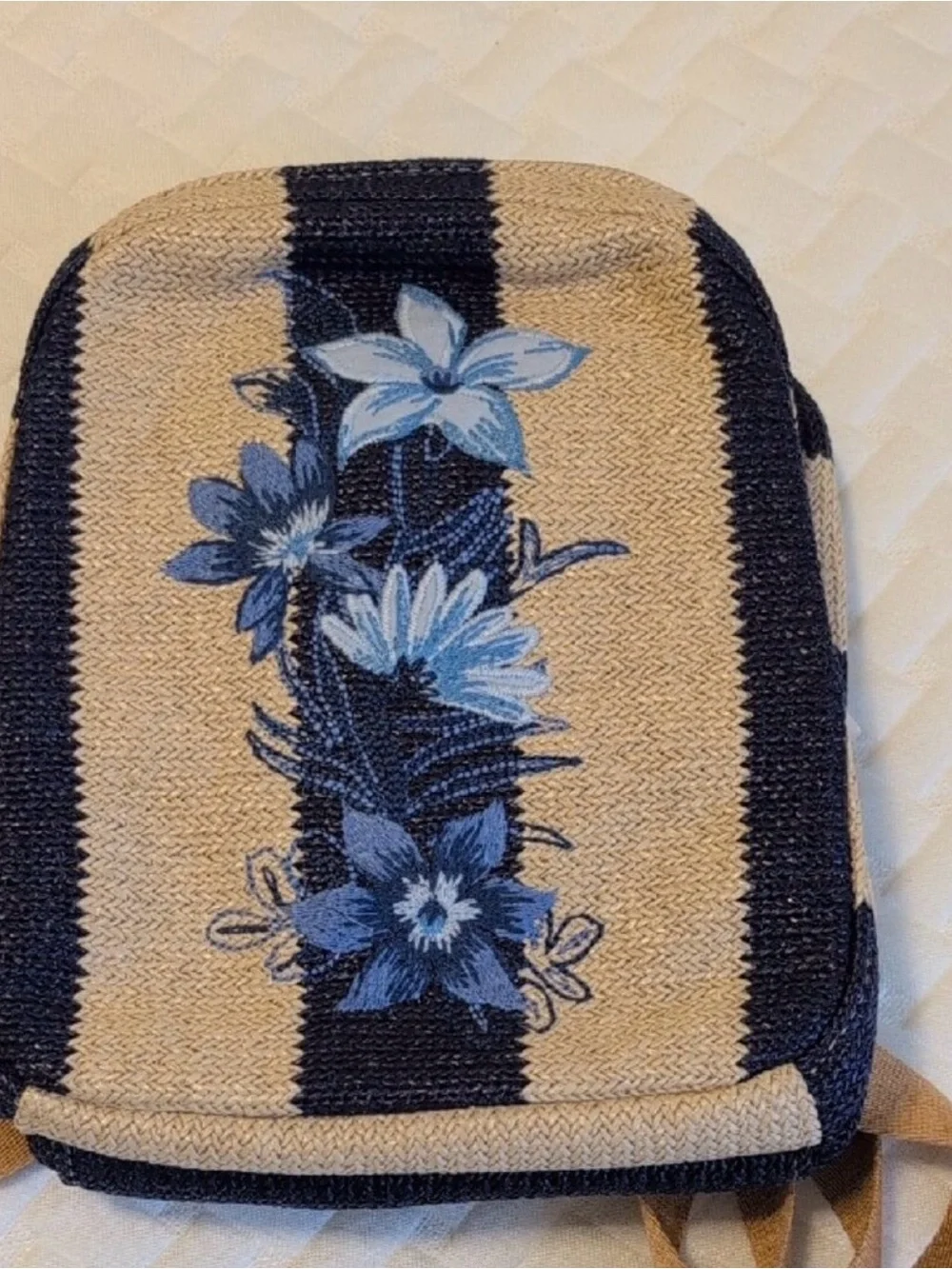 Vera Bradley Mini Straw Backpack, Navy Stripe Straw Floral $85